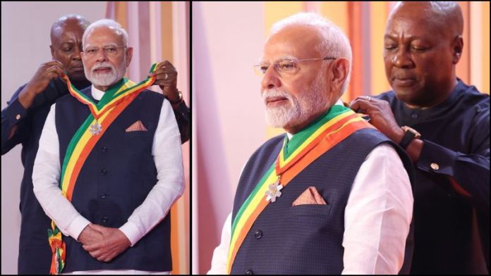 21 तोपों की सलामी के साथ पीएम मोदी को मिला ‘ऑर्डर ऑफ द स्टार’ सम्मान: घाना में ‘हरे राम हरे कृष्ण’ से हुआ स्वागत, वैश्विक साझेदारी के लिए 5 देशों की यात्रा पर प्रधानमंत्री